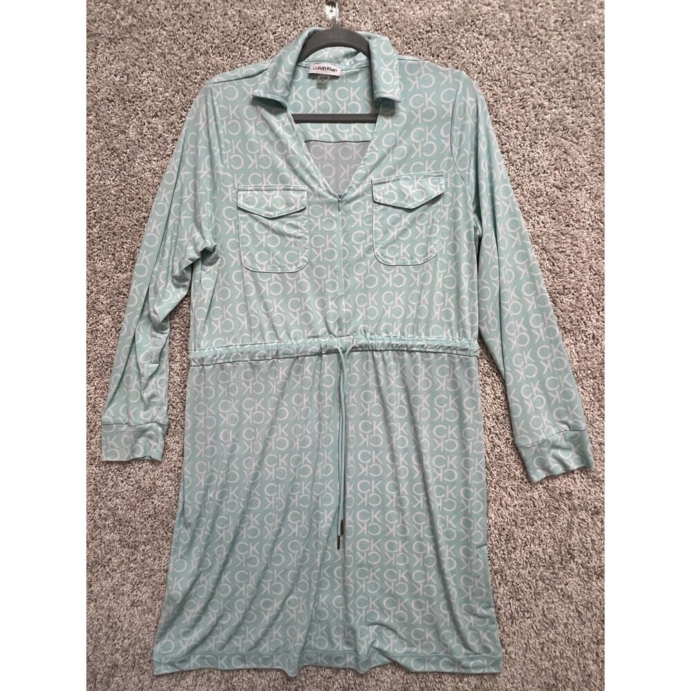 Calvin Klein Seaspray Blue Wht Logo Print Shirtdress Sz 14
